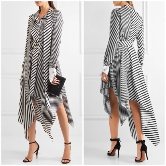 MONSE Asymmetric Striped Silk Twill Bow Tie Midi Dress In White Black Size 2 - Picture 2 of 14